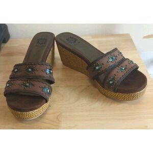Yellow Box Women's 10 Wedge Heels Brown Beaded Slip On Sandals Boho Festival